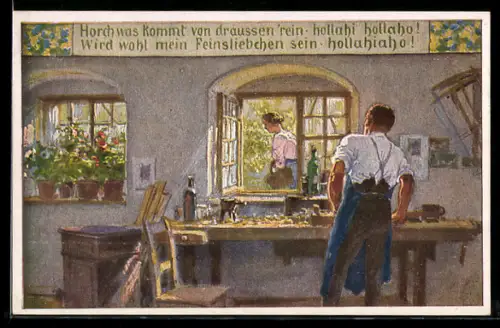 Künstler-AK P. Hey, Volksliederkarte Nr. 57: Horch was kommt von draussen rein, Mann blickt zu Frau durch`s Fenster