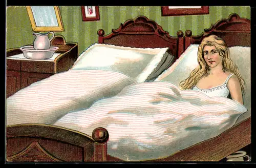 AK Sehnsuchtsvoll gedenk ich dein!, Frau liegt allein im Doppelbett