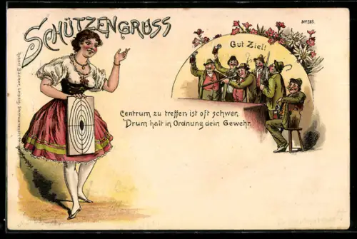 Künstler-AK Bruno Bürger & Ottillie Nr. 285: Frau mit Zielscheibe, Schützengruss, Schützenverein