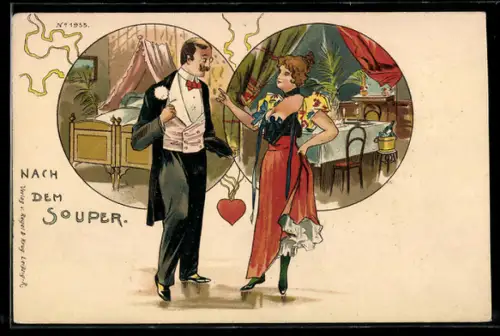 AK Nach dem Souper, Paar vor einem Bett