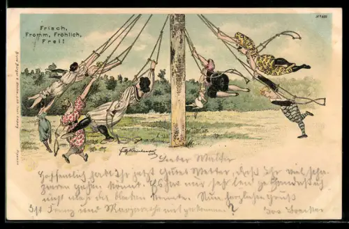 Künstler-AK Erich Kleinhempel: Frisch, Fromm, Fröhlich, Frei, Frauen spielen Kreisel