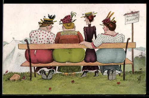 Künstler-AK Willi Scheuermann: Zur schönen Aussicht, Weibliche Hinterteile auf Parkbank, Humor