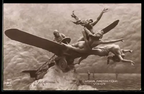 Künstler-AK Domenico Mastroianni: Flugzeug mit drei nackten Frauen, Neujahrsgruss