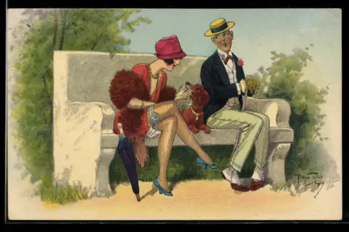 Künstler-AK Arthur Thiele: Attraktive Frau mit langen Beinen streichelt einen Hund neben einem Mann