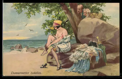 Künstler-AK A. Thiele: Donnerwetter tadellos, Männer beobachten eine Frau, die sich am Strand auszieht