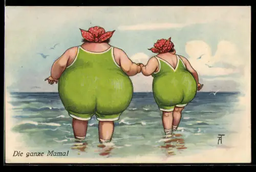 Künstler-AK A. Thiele: Die ganze Mama!, Dicke Mutter und Tochter in grüner Bademode am Wasser