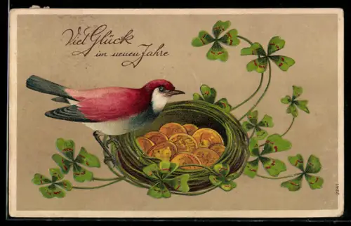 AK Neujahrskarte, Vogel mit Geld und Glücksklee