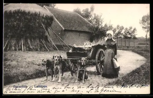 AK Brüssel, Milchverkäuferin in Tracht mit Hundegespann