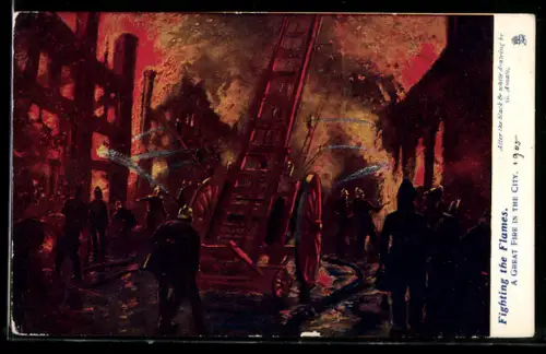 Lithographie Im Kampf mit den Flammen, Feuerwehr, Leiterwagen