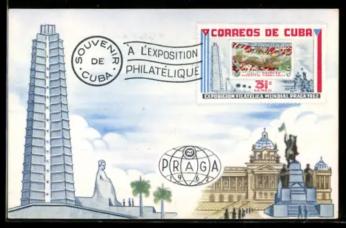 AK Habana, José-Martí-Denkmal, Exposition Philatelique Praga 1962, Kubanische Briefmarke, Ausstellungsgebäude Prag