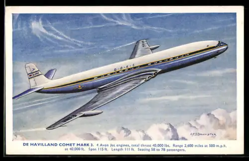 Künstler-AK Flugzeug De Havilland Comet Mark über den Wolken