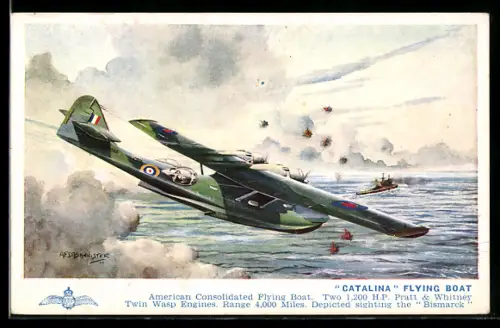 AK Flugzeug Catalina Flying Boat nimmt das Kriegsschiff Bismarck ins Visier