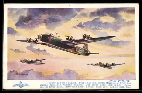 Künstler-AK A.F.D. Bannister: Stirling Short, RAF Bomberstaffel, Flugzeuge