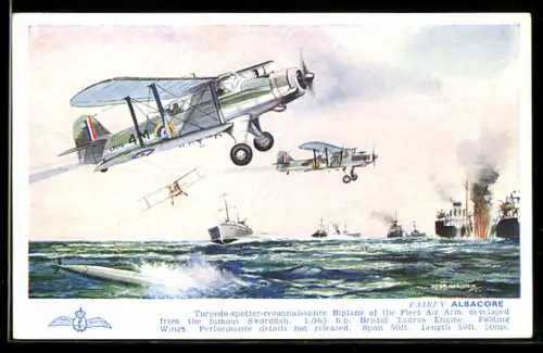 Künstler-AK A.F.D. Bannister: Fairey Albacore, Kampfflugzeuge der britischen Marine