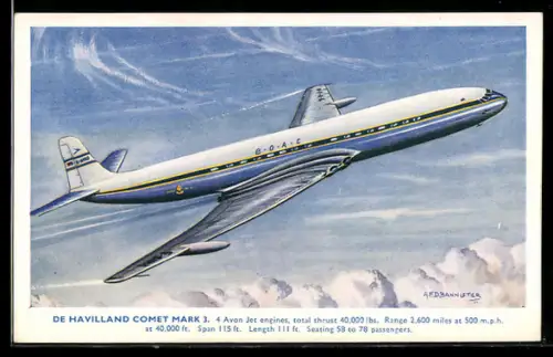 Künstler-AK Flugzeug De Havilland Comet Mark über den Wolken