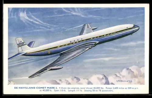Künstler-AK Flugzeug De Havilland Comet Mark über den Wolken