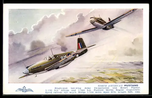 Künstler-AK Kampfflugzeuge vom Typ Mustang im Flug