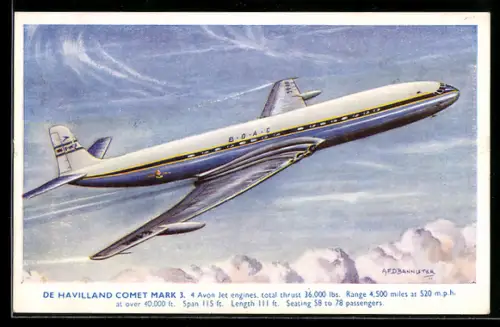 Künstler-AK Flugzeug De Havilland Comet Mark über den Wolken