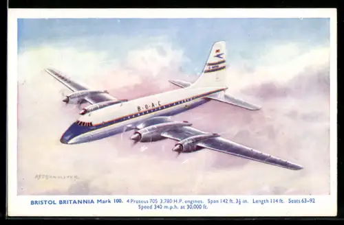 AK Passagierflugzeug Bristol Britannia Mark 100 der B.O.A.C. im Flug über Wolken
