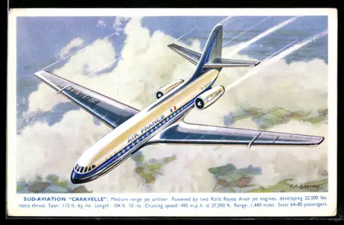 Künstler-AK Flugzeug Caravelle der Air France über den Wolken