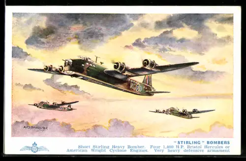 Künstler-AK A.F.D. Bannister: Stirling Short, RAF Bomberstaffel, Flugzeuge
