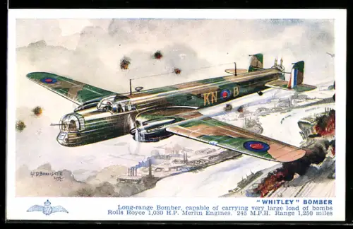 Künstler-AK A.F.D. Bannister: Whitley Bomber, Kampfflugzeug der RAF