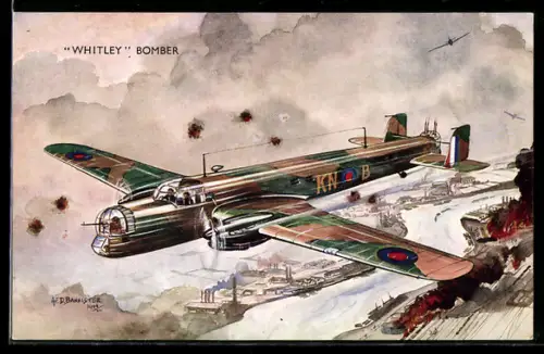 Künstler-AK Whitley Bomber im Feuer feindlicher Flak