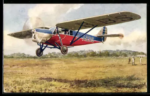 Künstler-AK Flugzeug G-ABBS landet auf einem Feld