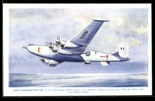 Künstler-AK Flugzeug Avro Shackleton Mk. 3 über dem Ozean