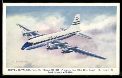 AK Passagierflugzeug Bristol Britannia Mark 100 der B.O.A.C. im Flug über Wolken