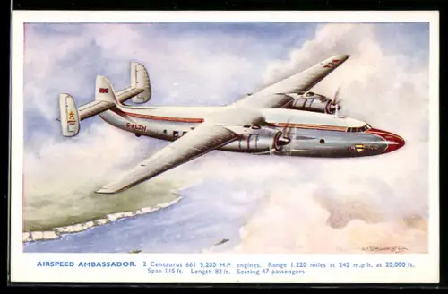 Künstler-AK Verkehrsflugzeug Airspeed Ambassador im Flug