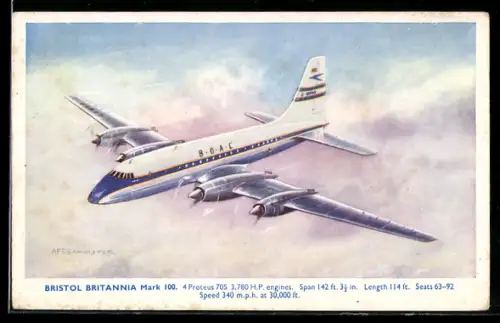 AK Passagierflugzeug Bristol Britannia Mark 100 der B.O.A.C. im Flug über Wolken