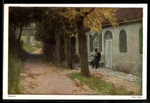 Künstler-AK Paul Hey: Älterer Herr auf einer Bank im Herbst, Verein für das Deutschtum im Ausland