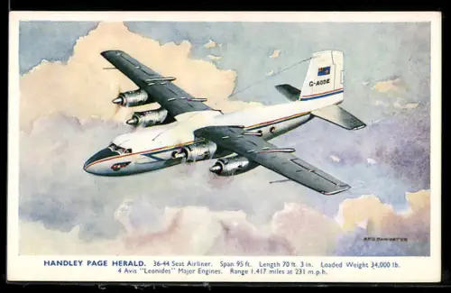 Künstler-AK Flugzeug Handley Page Herald über den Wolken