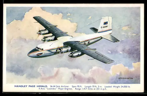 Künstler-AK Flugzeug Handley Page Herald über den Wolken