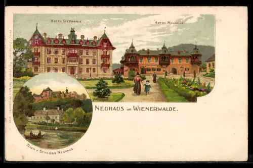 Lithographie Neuhaus im Wienerwald, Hotel Stephanie, Teich am Schloss