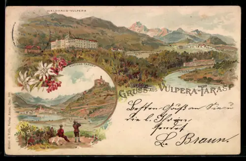 Lithographie Tarasp, Vulperra, Waldhaus und Trinkhalle