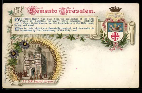 Lithographie Jerusalem, Memento, SS. D. N. Sepulchrum, Wappen