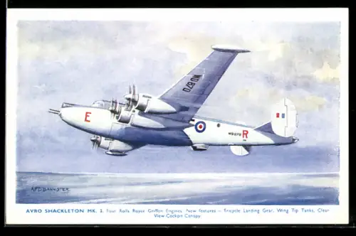Künstler-AK Flugzeug Avro Shackleton Mk. 3 über dem Ozean