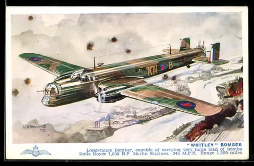 Künstler-AK A.F.D. Bannister: Whitley Bomber, Kampfflugzeug der RAF