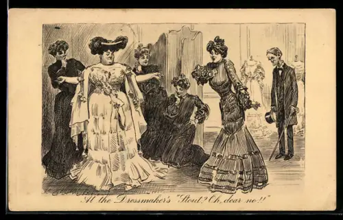 Künstler-AK Charles Dana Gibson: At the Dressmaker`s Stout? Oh, dear no!!, Damen beim Ankleiden