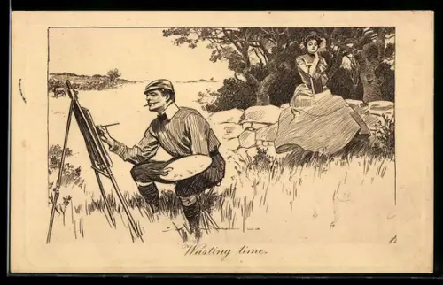 Künstler-AK Charles Dana Gibson: Frau sitzt wartend auf der Mauer, während der Maler in seine Arbeit vertieft ist