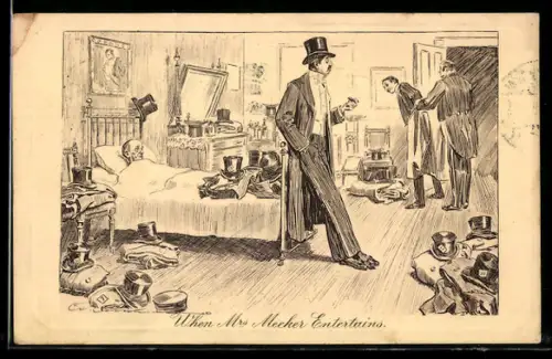 Künstler-AK Charles Dana Gibson: Elegante Herren in einem Zimmer mit einem Mann im Bett, When Mrs. Meeker Entertains