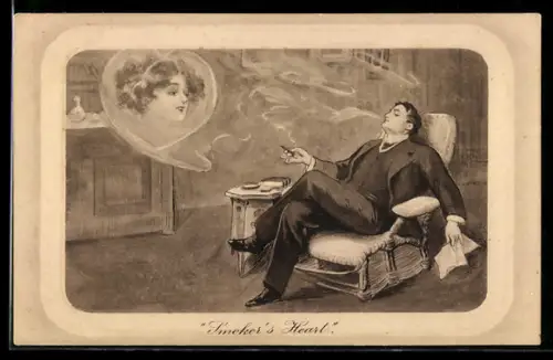 Künstler-AK Charles Dana Gibson: Rauchender Mann sieht das Gesicht einer schönen Frau im Qualm, Smoker`s Heart