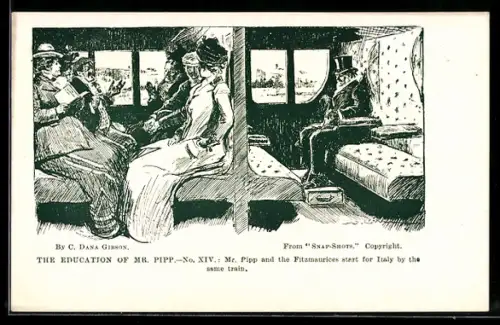 Künstler-AK Charles Dana Gibson: Zwei Zugabteile mit Menschen, The Education of Mr. Pipp
