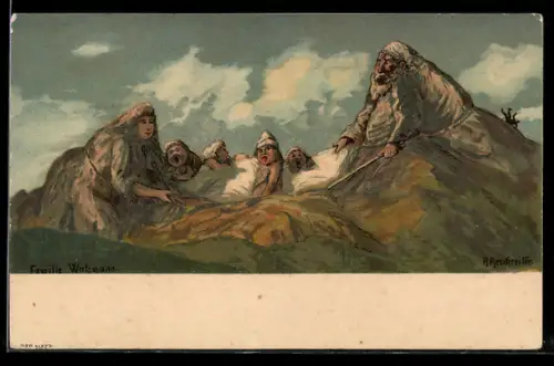 Künstler-Lithographie Rudolf Reschreiter: Familie Watzmann, Berge mit Gesicht / Berggesichter