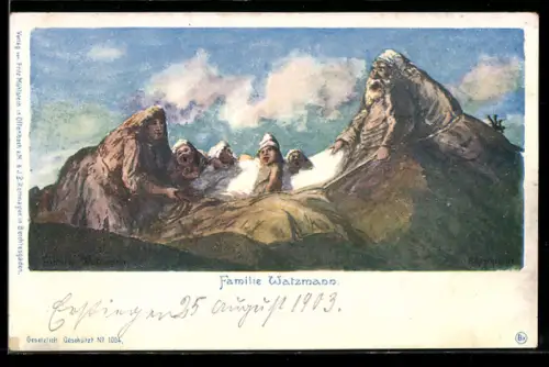 AK Berchtesgaden, vermenschlichte Berge, Familie Watzmann, Berggesichter