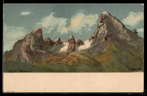 Künstler-Lithographie Rudolf Reschreiter: Familie Watzmann, Berge mit Gesicht / Berggesichter