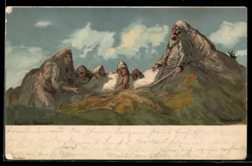 Künstler-Lithographie Rudolf Reschreiter: Familie Watzmann, Berge mit Gesicht / Berggesichter