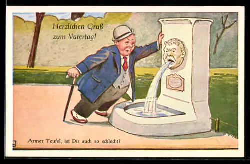 Künstler-AK John Wills: Armer Teufel ist Dir auch so schlecht?, Mann am Brunnen, Trinkerhumor